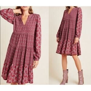 Maeve By Anthropologie Amber Tiered Tunic Dress XS Wine Burgundy Babydoll Boho